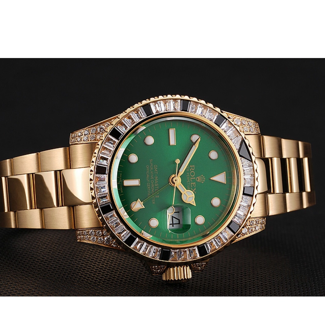 Best AAA Replica Sites Stone Dial And Master Case Swiss Bracelet Gold Green Rolex GMT II 1453748 Bezel Set 0610